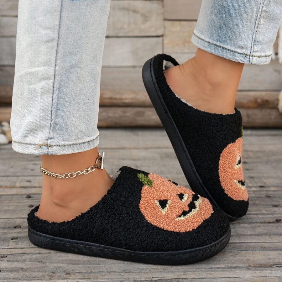 Cute Spooky Halloween Pumpkin Women Slippers Cozy Fuzzy Slip-On Warm Non-Slip Couple House Shoes Party Daily Wear