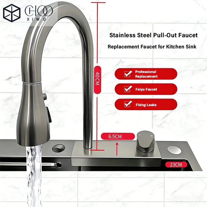 Stainless Steel Faucet, Digital Display, Kitchen Sink, Hot and Cold Water, Modern Minimalist Pull-Out Faucet