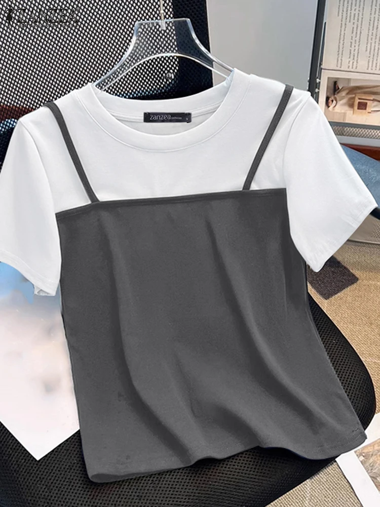 ZANZEA Estate Elegante Manica Corta Patchwork Top Donna Falso Camicette in Due Pezzi Camicia da Lavoro Casual Vacanza Femminile Blusas Oversize