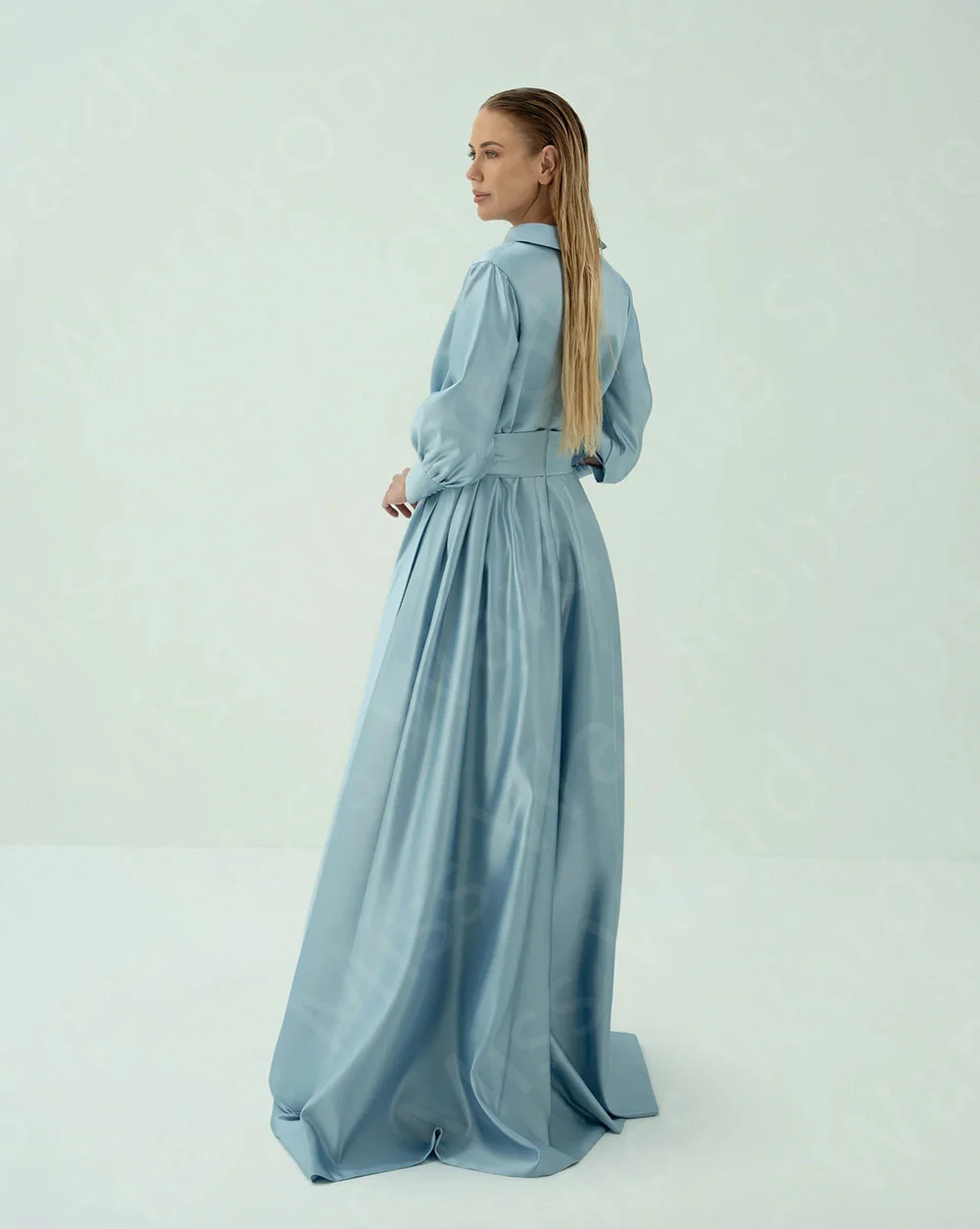 Maßgeschneiderte klassische babyblaue Abendkleider, bescheiden, 2025, Abschlussball-Party-Kleider, lange Ärmel, Hochzeitsgast-Kleider, Arabisch mit Gürtel – Detail 5