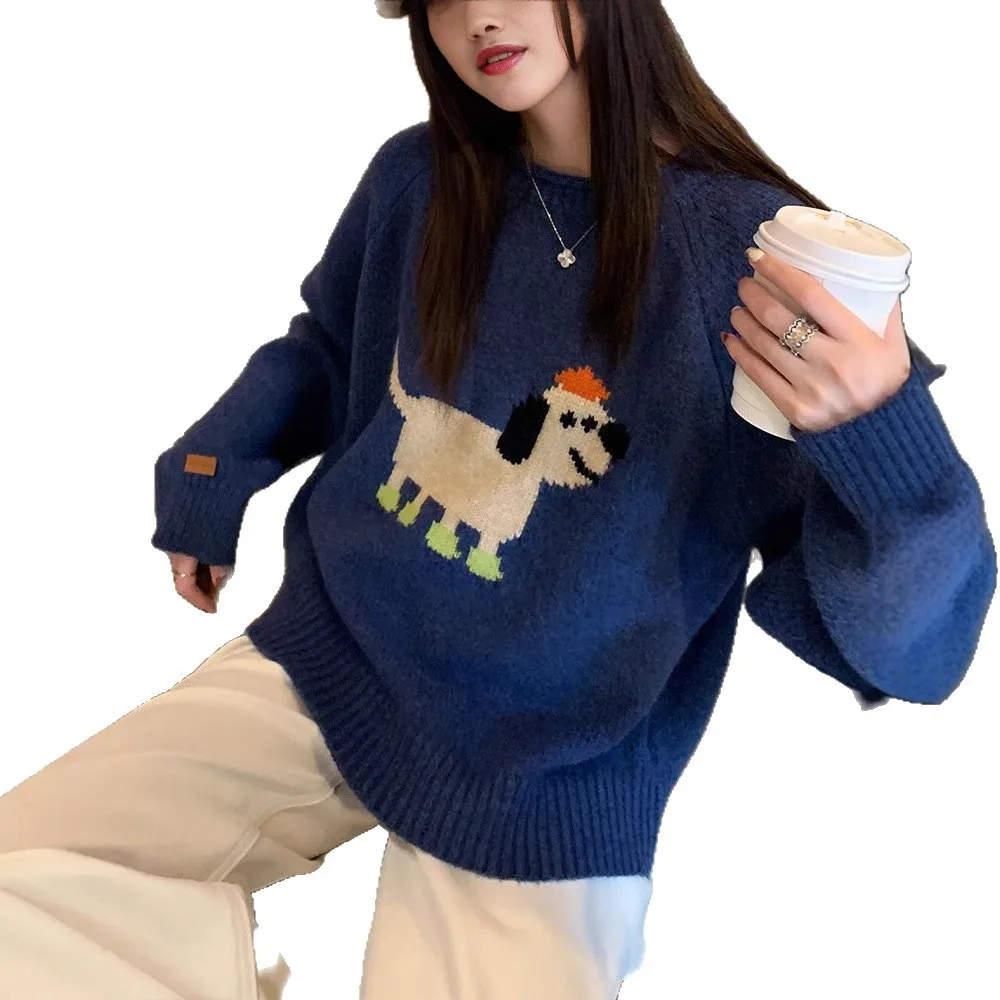 2025 nuevo suéter de mezcla Jacquard bordado de cachorro para mujer otoño lindo Casual prendas de punto de cuello redondo