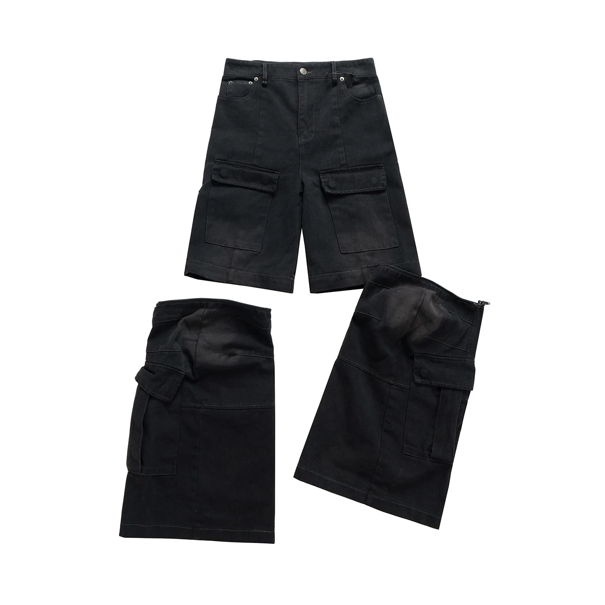 Vintage Washed Detachable Flared Cargos Mens Straight Casual Baggy Overalls Oversized Streetwear Boot Cut Black Color Trousers