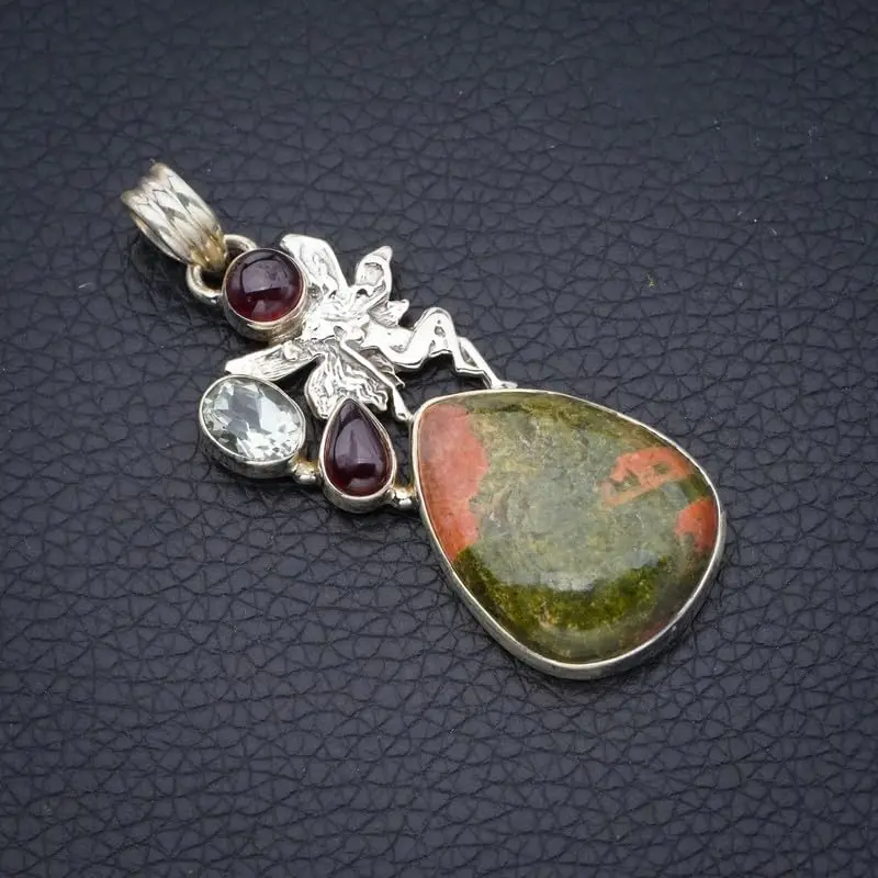 StarGems Natural Green Unakite&Fariy,Green Amethyst And Amethyst Handmade 925 Sterling Silver Pendant 2 1/4