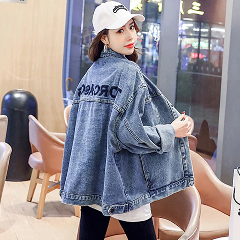 Women's Loose Fit Stand Collar Letter Jacket Retro Bf Style Spring Autumn New Arrival Korean Version Casual Versatile Denim Coat