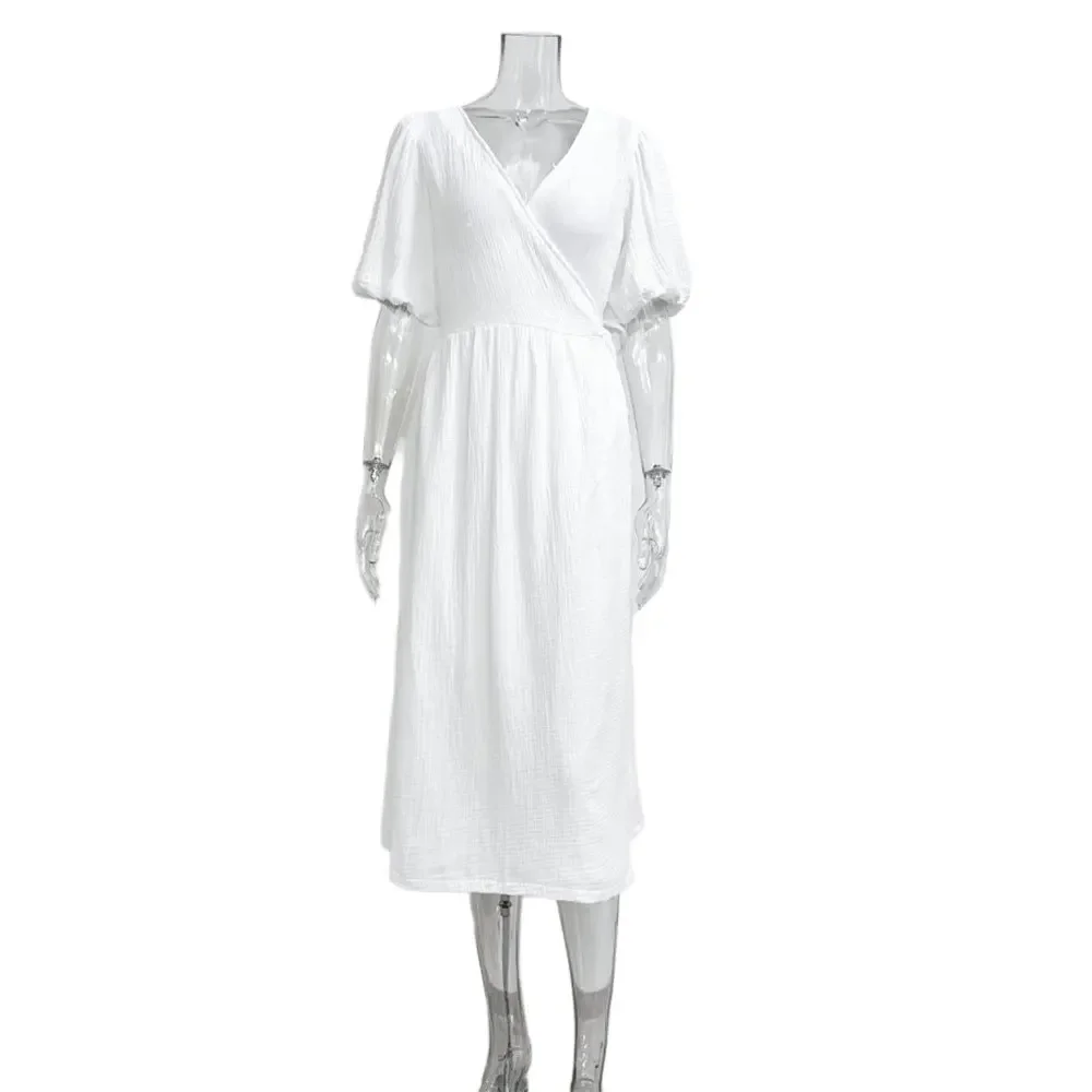 Dolce abito lungo da donna abiti con lacci scollo a V manica a sbuffo solido vita alta femminile una linea ufficio signora estate 2025 maxi abito