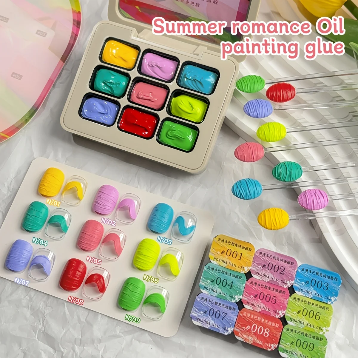 9-kleuren zomerromantiek olieverfschilderij lijm dopamine kleurpakken, duurzame vaste gelolie, hoogglans meerkleurige vaste gelolie,