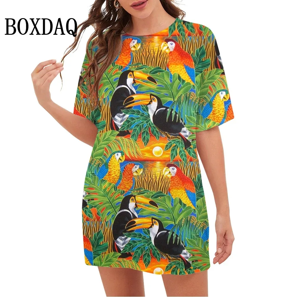 Women Summer Dress 3D Birds Floral Printed Dress Oversized Female Clothing Short Sleeve Loose Casual Flower Sundress Vestidos