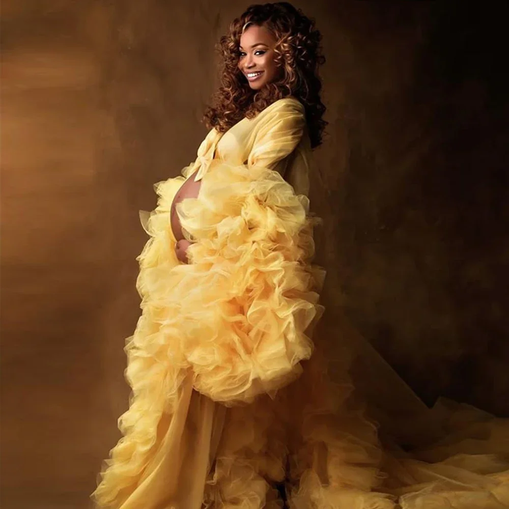 

Customized Maternity Photo Shoot Clothes Women Puffy Luxury Prom Sleepwear Long Yellow Illusion Tulle Night Bathrobe Exquisite