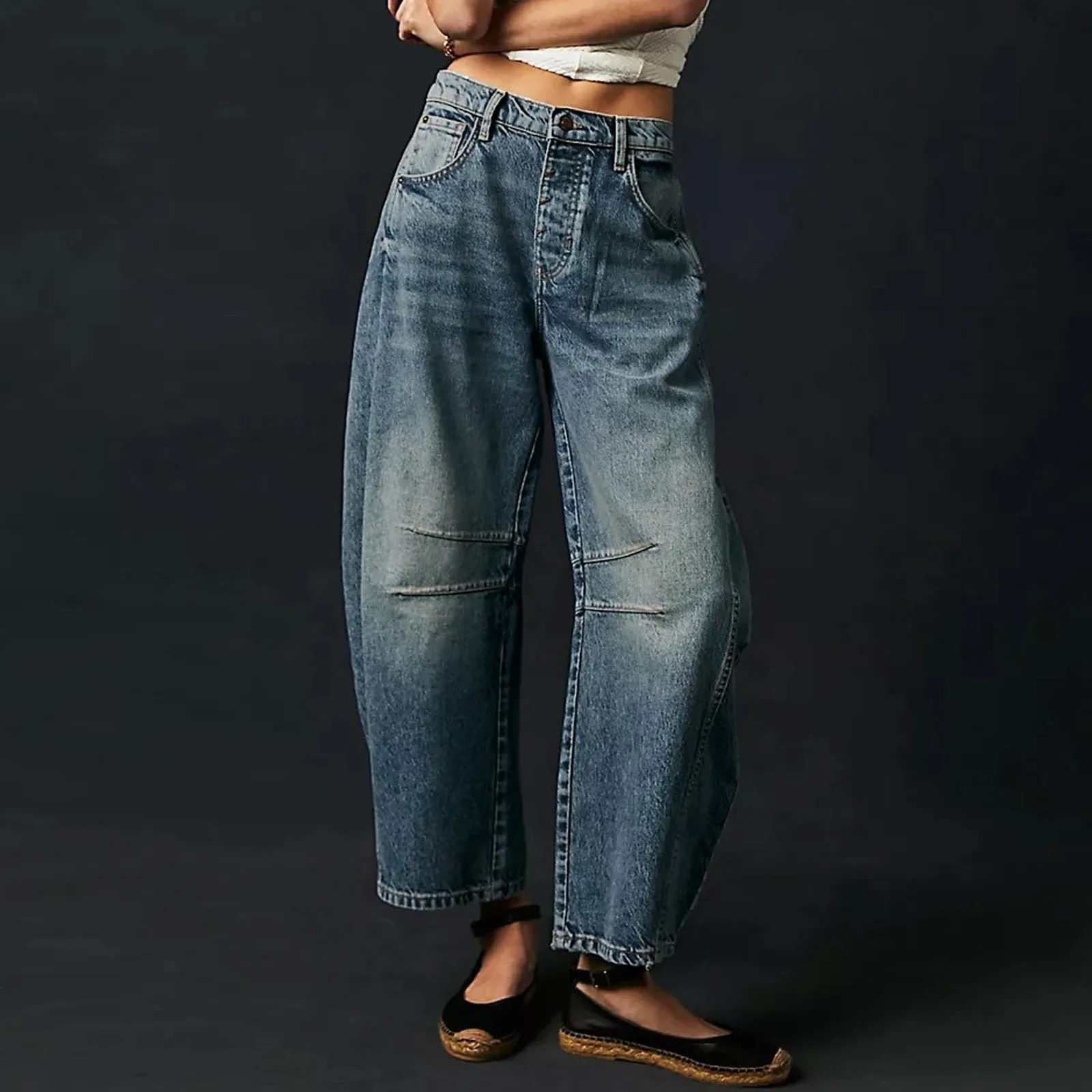 Damen modische gewaschene kurze Jeans hose mit Taschen Damen lässig lose Mitte niedrige Taille weites Bein lange Jeans Hose