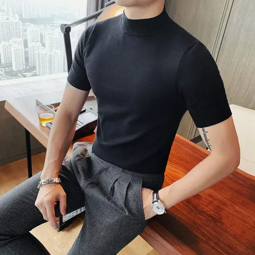 Hoge kwaliteit heren halve coltrui gebreide T-shirts heren herfst korte mouw slim fit effen truien casual uitgerekte trui tee