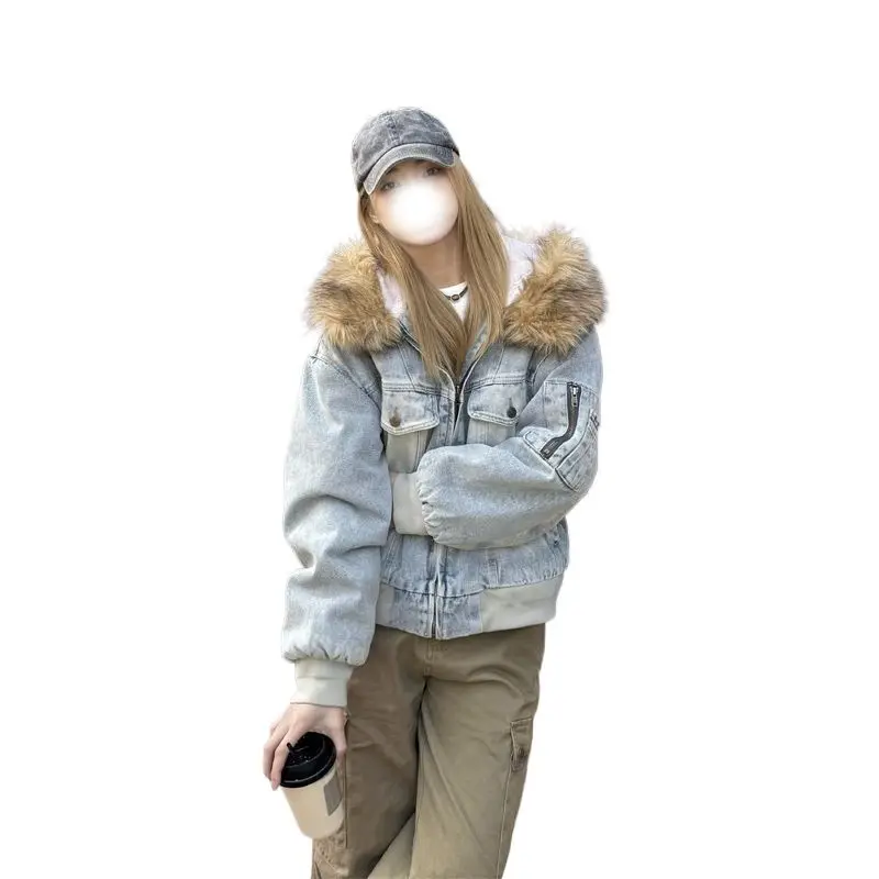 2026 Autumn and Winter New Velvet Removable Fur Collar Temperament Loose Versatile Cotton-padded Jacket Cotton-padded Jacket Top