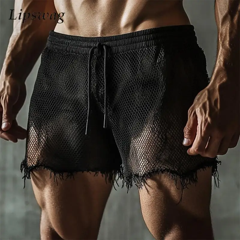 

Sexy See-through Hollow Out Shorts Men Nightclub Party Fashion Mesh Shorts Summer Streetwear Vintage Drawstring Fringed Bottoms