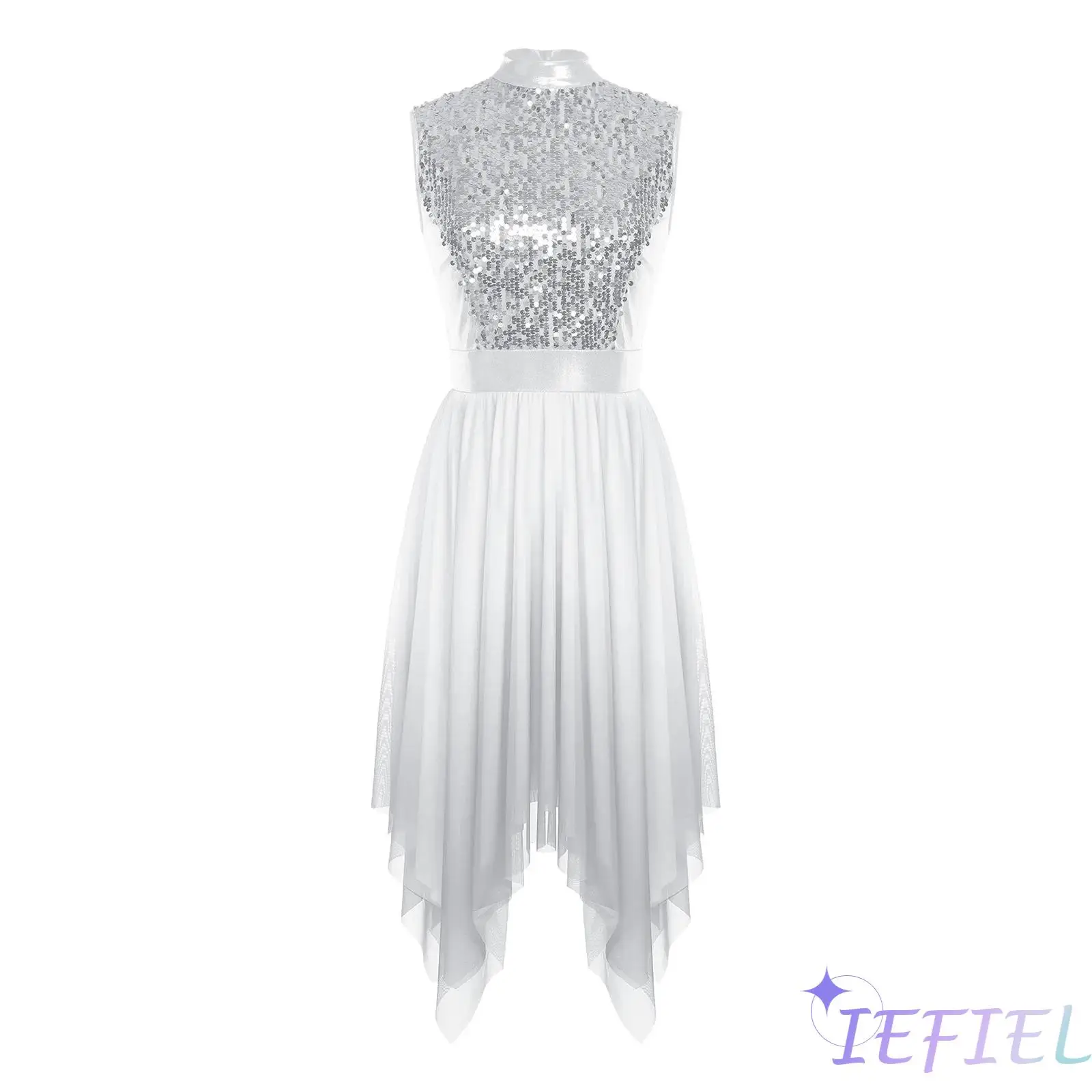 

Women Gradient Mesh Liturgical Praise Dance Dress Sleeveless Glittery Sequins Irregular Hem Dresses Worship Lyrical Dance Outfit