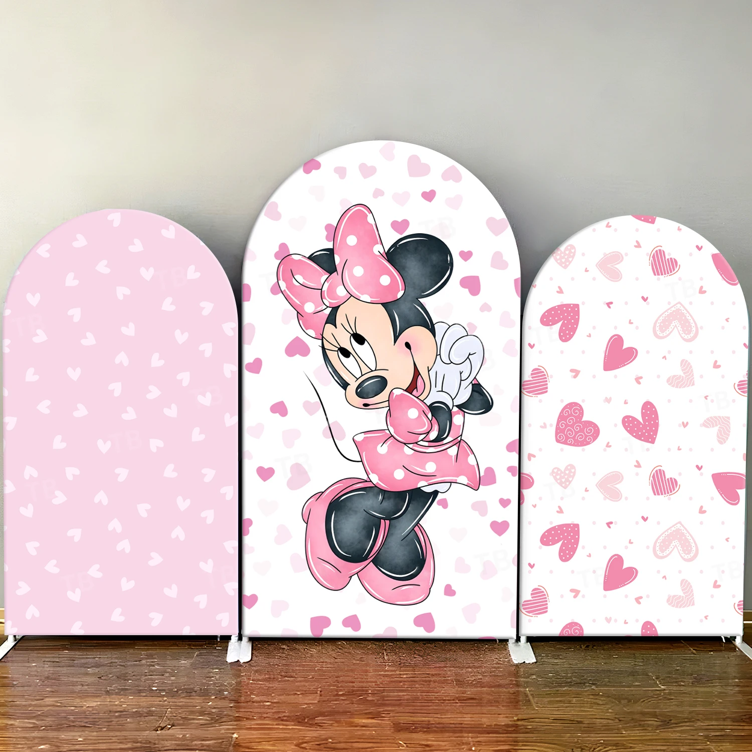 

TB Disney Minnie Mouse Arch Backdrop Cover Pink Heart Baby Shower Girl Birthday Party Decor Photo Background Wall Elastic Fabric