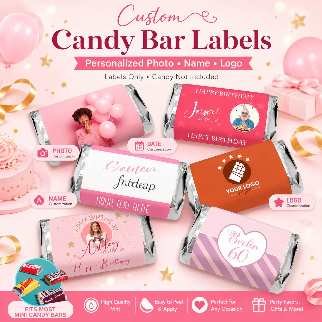 Custom Personalized Mini Candy Wrappers Printable Photo/Logo/Text Birthday Party Giveaway Stickers Labels Only