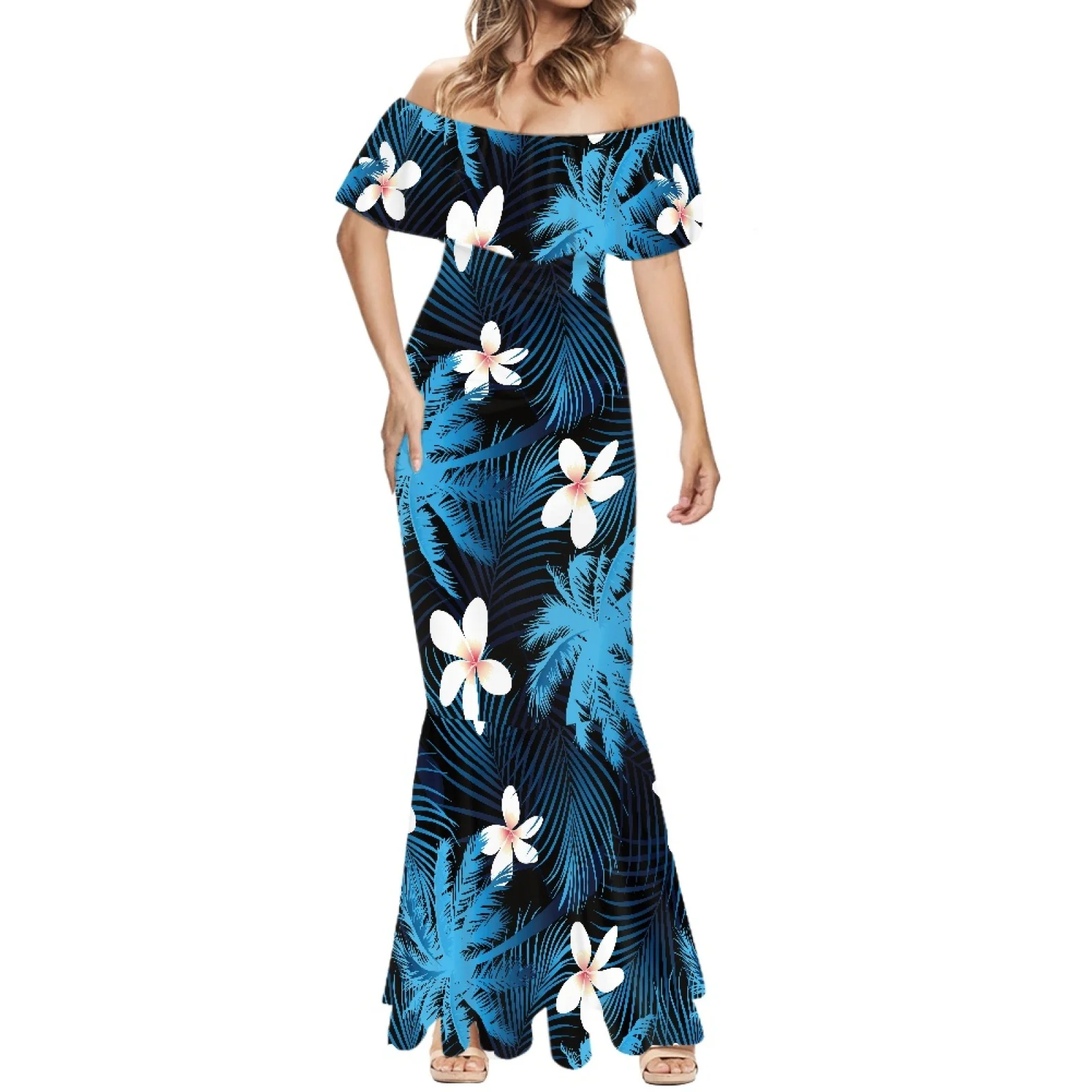 

Women's Samoa Hawaiian Tattoos Print Beach Dress Short Sleeve Fishtail Dress Hawaii Summer One-Shoulder Sexy Party Long Skirt