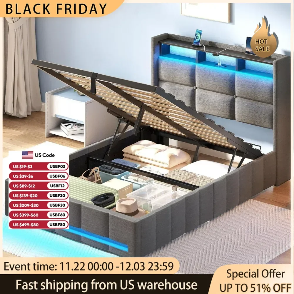 Bed Frame Full Size with Lift Up Storage, Charging Station LED Lights,Upholstered Storage Headboard,Heavy Duty Wooden Slats