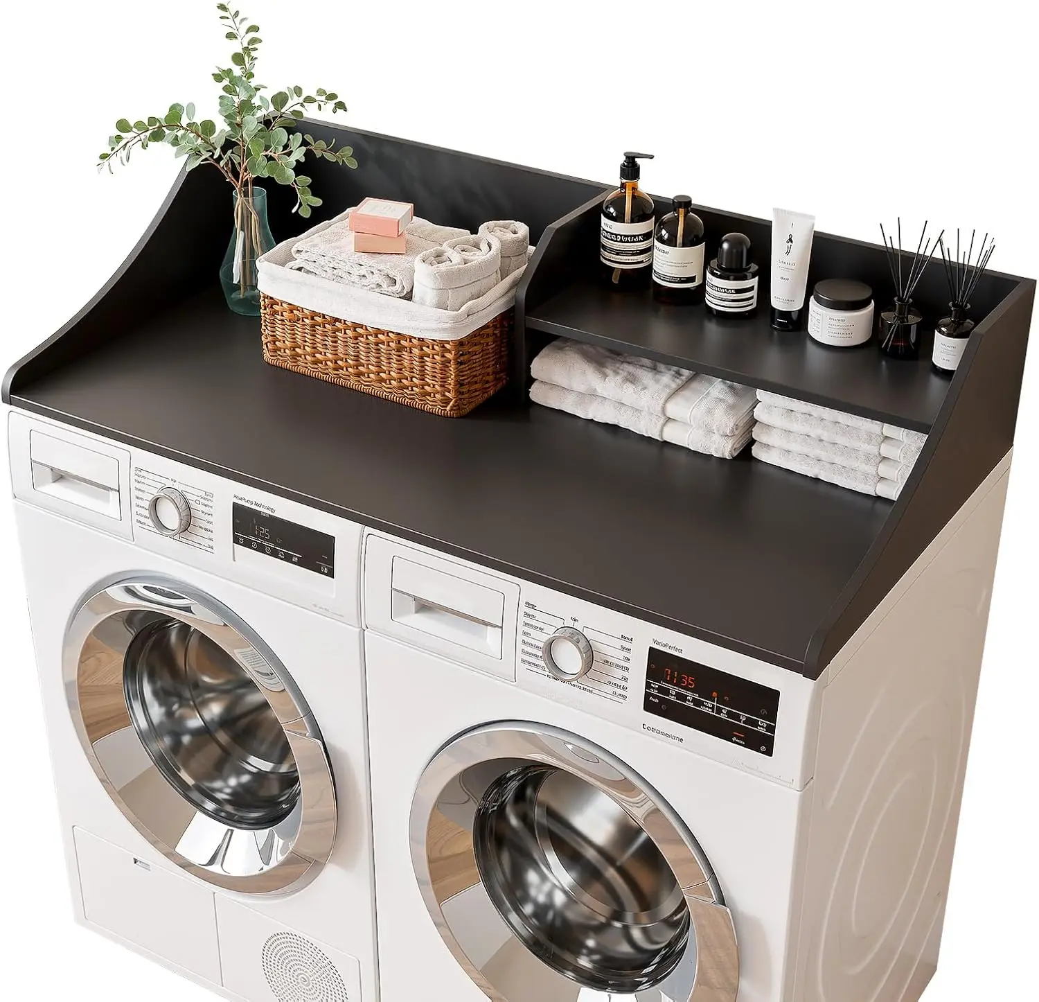 

Black Wooden Laundry Countertop Washer Dryer Topper Folding Sorting Ironing Easy Install