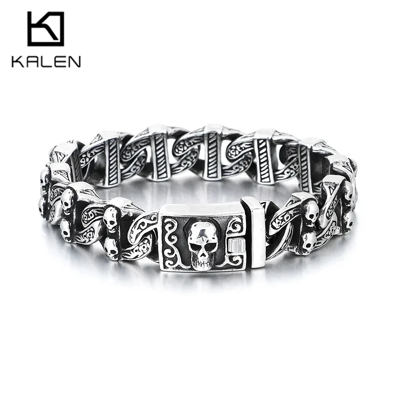 KALEN 15MM Stainless Steel Skull Link Bracelet for Men Vintage Cubarn Heavy Bracelet Punk Male Charm Party Jewelry Boy Gift