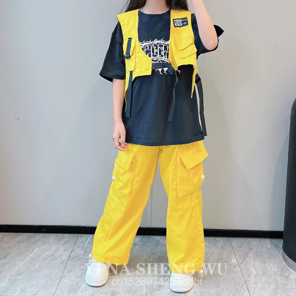 Hip Hop filles gilet jaune Cargo pantalon garçons Cool T-shirt rue danse Joggers enfants Streetwear vêtements ensembles enfants Jazz Costumes