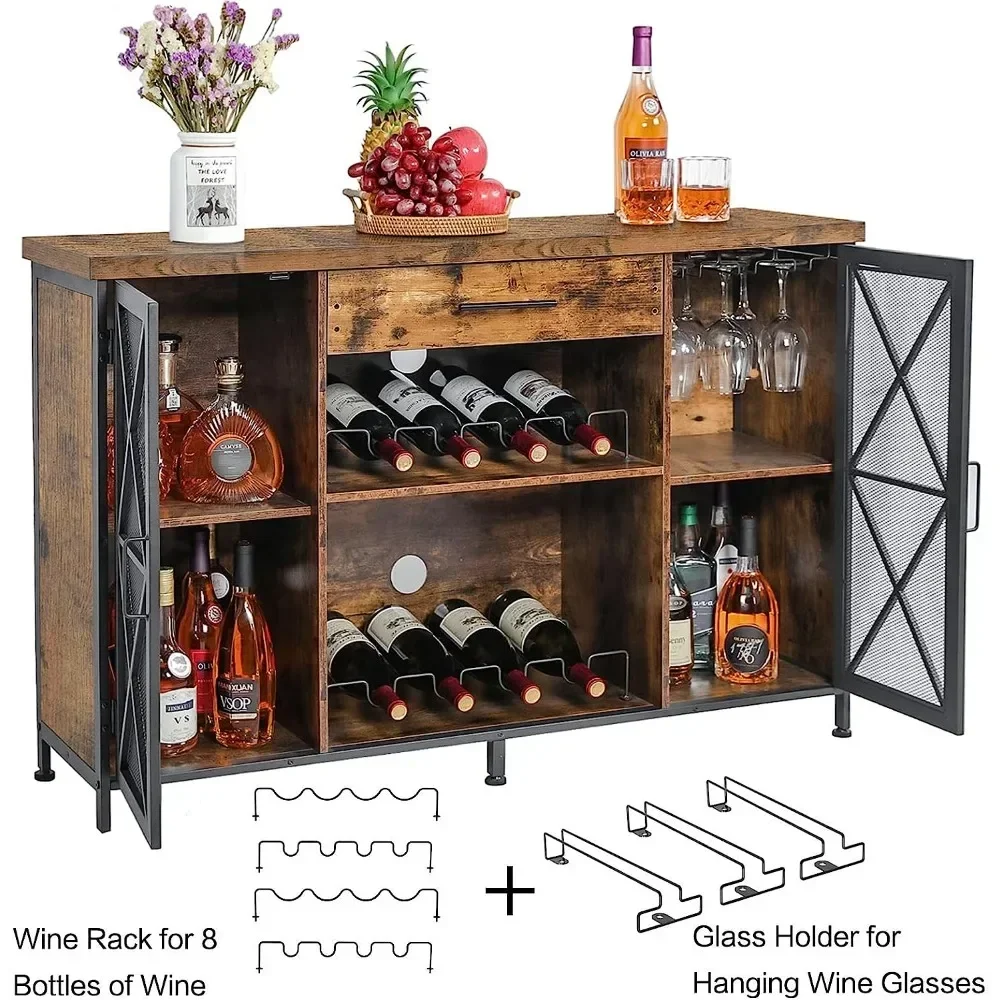 Wine Bar Armário com Wine Rack e suporte de vidro, Farmhouse Coffee Cabinet for Liquor and Glasses, Armário com gaveta