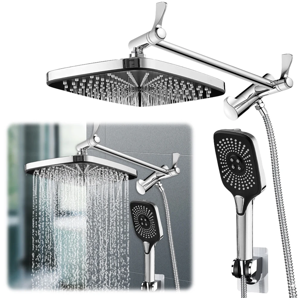 

12 Inch Pressurized Shower Head 3+1 Settings Rain Shower System Height/Angle Adjustable In Wall Shower System with Extension Arm