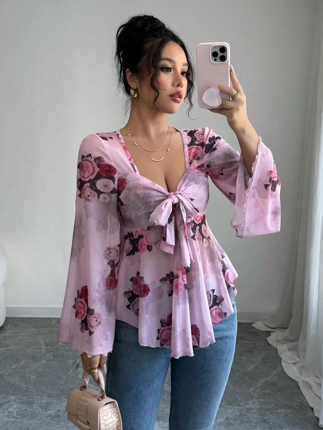 

Women's Stylish Blouse Deep V Tie Front Bell Sleeve Floral Print Peplum Top Boho Casual Shirt For Daily Wear & Romantic Dates