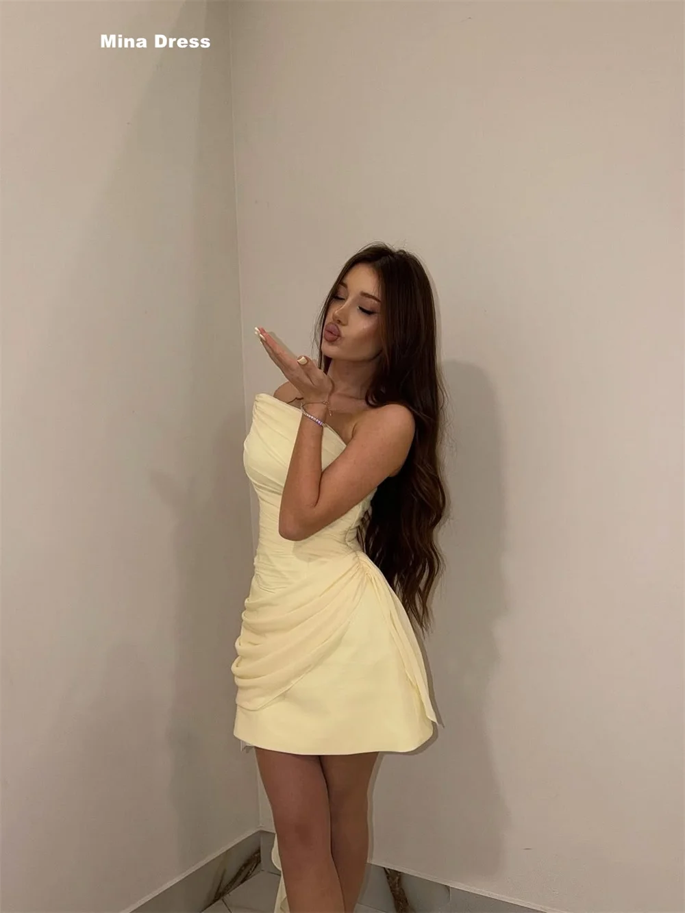 Mina Customized Yellow Slant Shoulder Pleated Backless Short Style Elegant Party Dresses Luxury 2026 Women's Evening Dresses