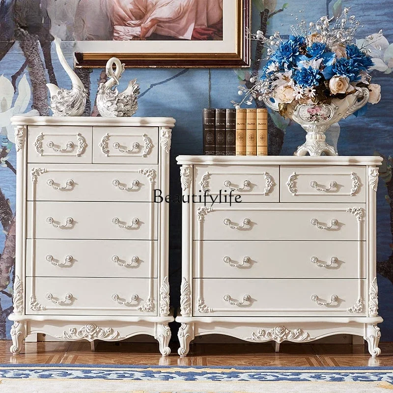 European-style chest of drawers, solid wood luxury six-bucket storage cabinet by the bedroom, white.