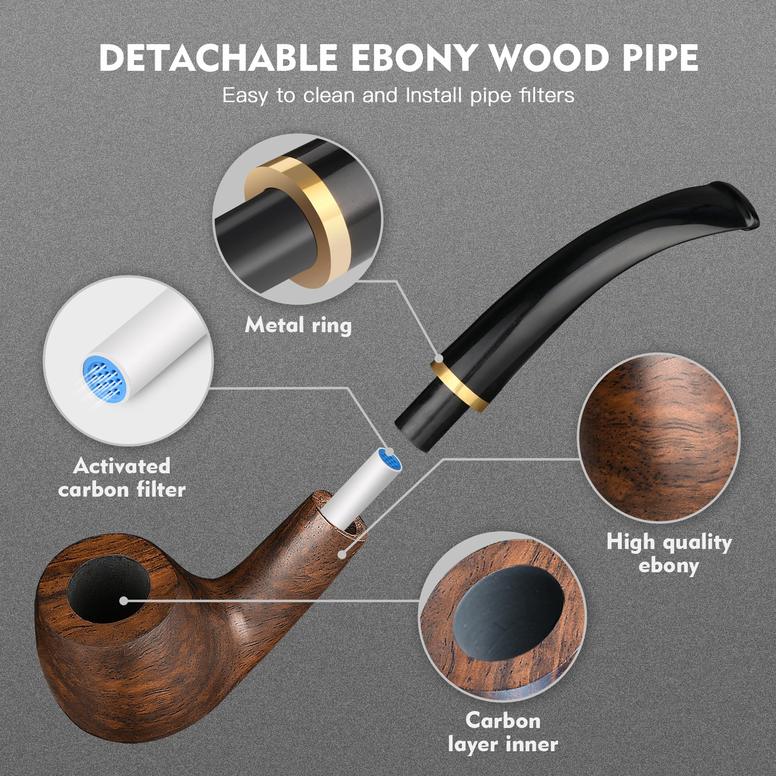 Scotte Tobacco Pipe Handmade Ebony Wood Root Smoking Pipe Gift Box and Accessories