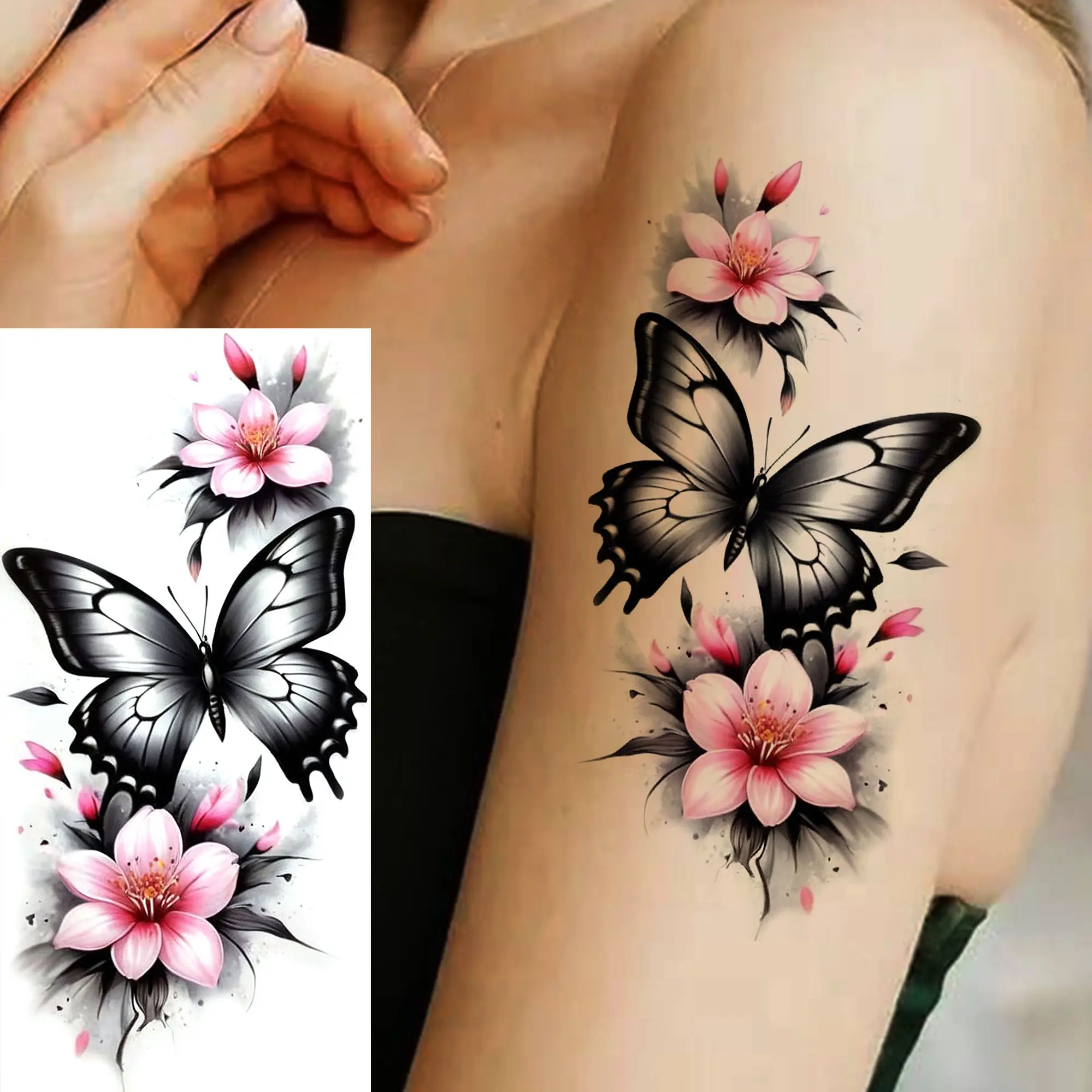1 Sheet Beautiful Watercolor Flowers Butterfly Temporary Tattoos For Women Waterproof Realistic Fake Tattoo Sticker Long Lasting 5
