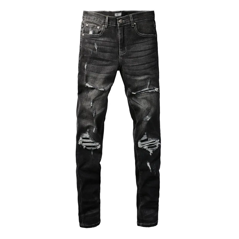 Top quality AMIR trendy American high street black distressed pants washed with water and ripped fashionable men's jeans