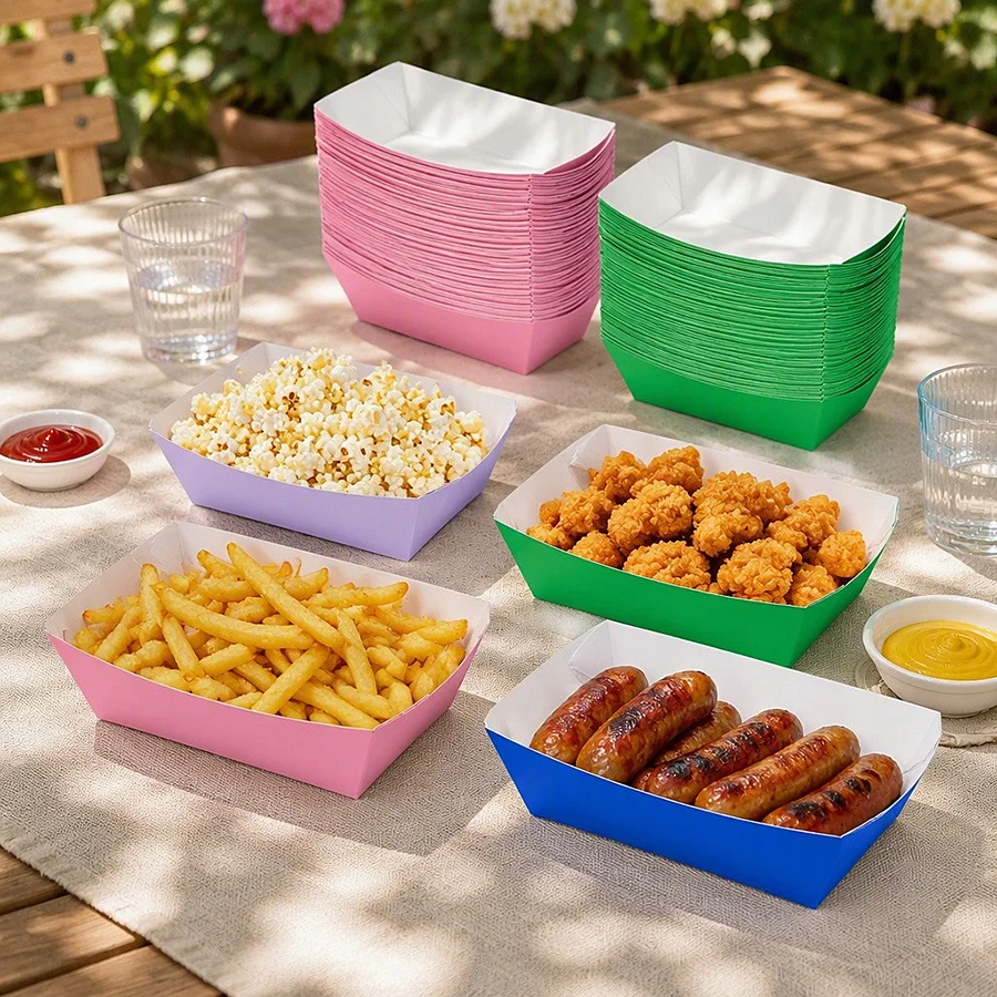 12/24pcs Kraft Paper Food Trays, 4 Colors Heavy-Duty Boat-Shaped, for Nachos Fries Popcorn Tacos Hot Dogs, BBQ Wedding