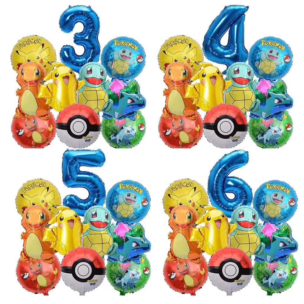 Juego de globos de Pokémon de 10 piezas, globos de Pikachu, globos de bola de Pokémon, globos azules con números para niños, decoración para fiestas de cumpleaños del 1 al 9