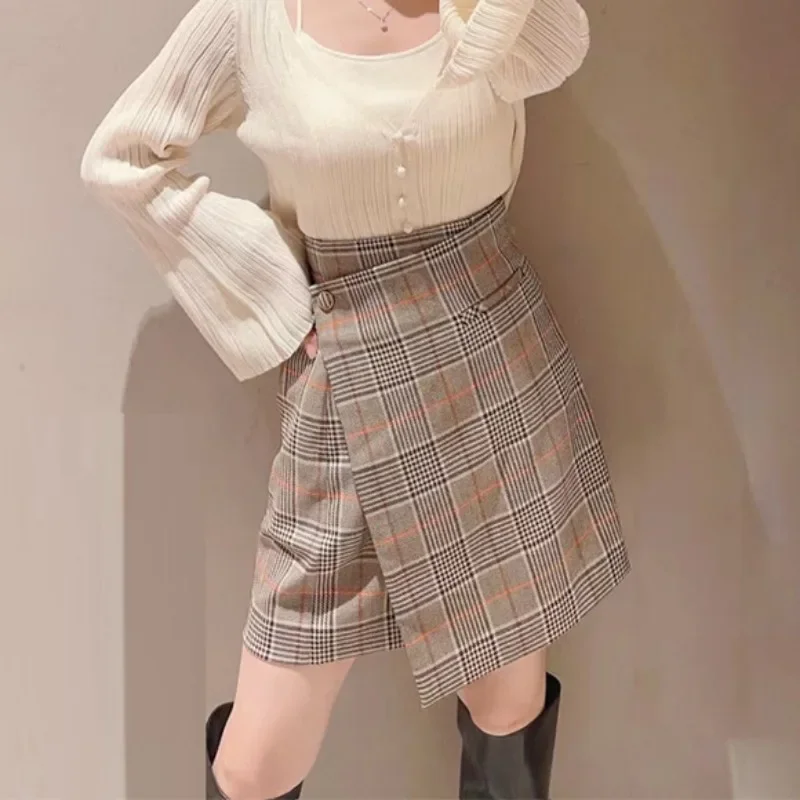 

Wakuta Simple A-line Plaid Women's Skirts Casual Slim Fit All-match Mujer Faldas Japanese Autumn Solid Button Woman Skirts