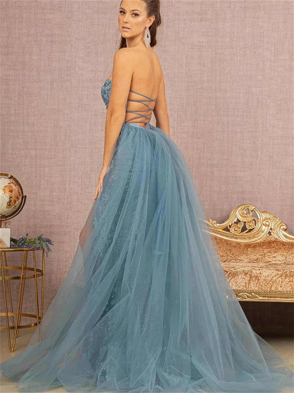 Vestido Fishtail Prom com estampa de renda, Vestido até o chão, Fenda lateral, Vestidos de noite encantadores, Clássico e elegante