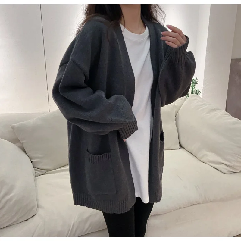 

New Versatile Dark Gray Mid-Length Sweater Coat Women's Loose and Lazy Style Soft Glutinous Knitted Cardigan Thick