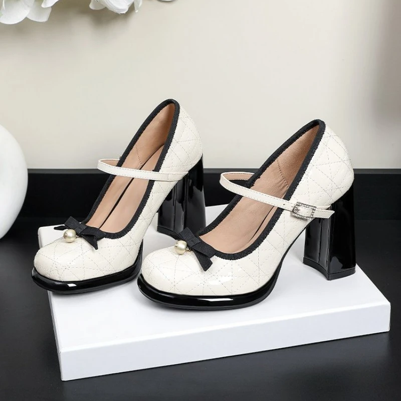 

Sweet Style High Heels Women's 2026 New One-word with Bow Shallow Chunky Heel Single Shoes