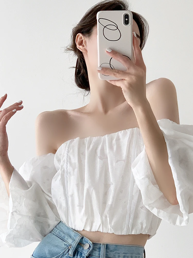 

Spicy Girl Sle ort Bubble Sve Fibone Lace Top Women Summer Pure Desire Floral Embroidery Crop Top Trendy oulder Ba...