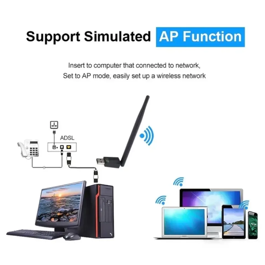USB WiFi Adapter 150Mbps การ์ดเครือข่ายไร้สาย Dongle 2.4GHz 802.11N เสาอากาศรับสัญญาณสําหรับ PC แล็ปท็อป Windows Driver ฟรี