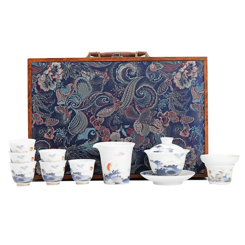 

Suet white jade porcelain kung fu tea set, home office meeting guests, high-end tea making teapot cover bowl teacup set