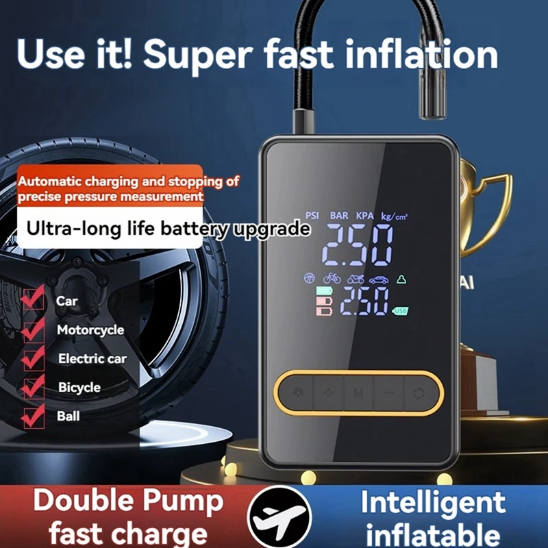 Tire Inflator Portable Air Compressor, 6000Mah Wireless Air Pump For Car Tires, For Motorcycle, Auto, Ball, Bicycle