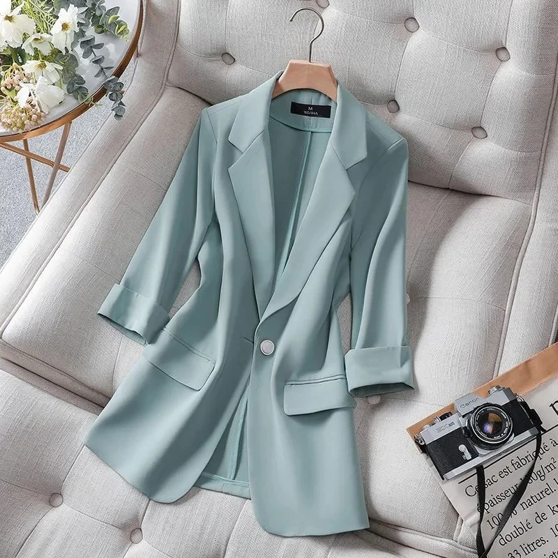 2022 Summer Solid Color Elegant Green Blazer Casual Thin Women Jacket Women\'s Korean Style V-neck Office Lady Suit Coat