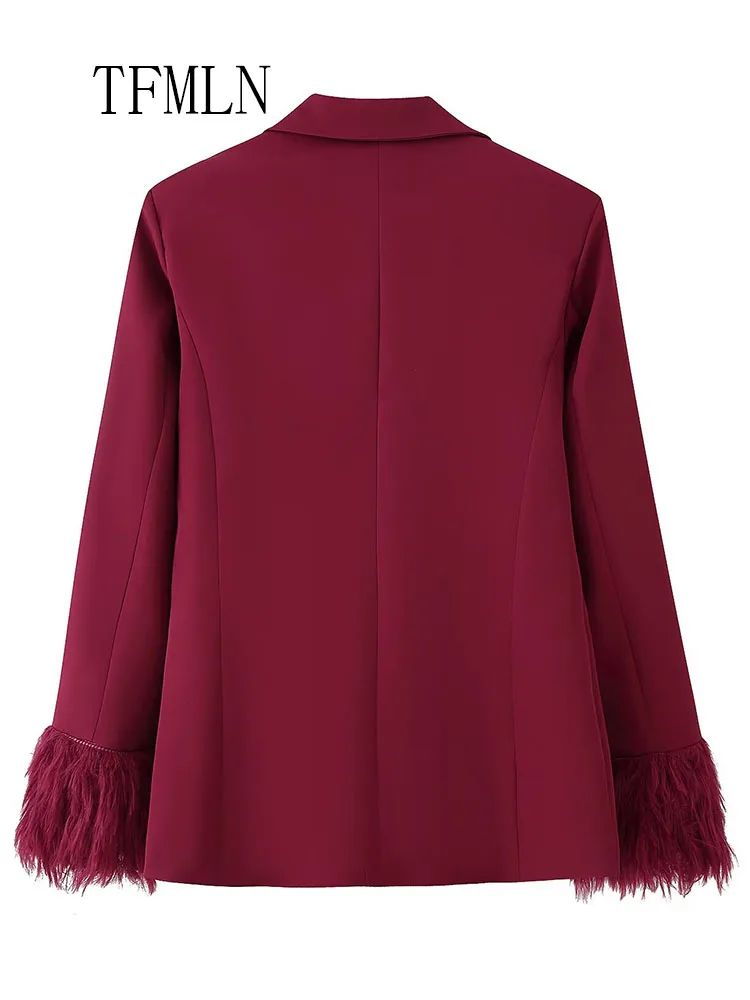 TFMLN 2025 الخريف الريش السترة الستر للنساء ريترو شيك واحدة الصدر جيوب السببية معاطف مكتب سيدة محززة أبلى #4