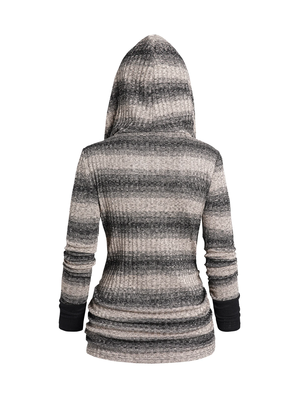 Women Long Sleeve Stripe Print Knit Hooded Sweater Tops Casual Side Ruched Mock Button Knitted Hoodie For Fall 2023 New