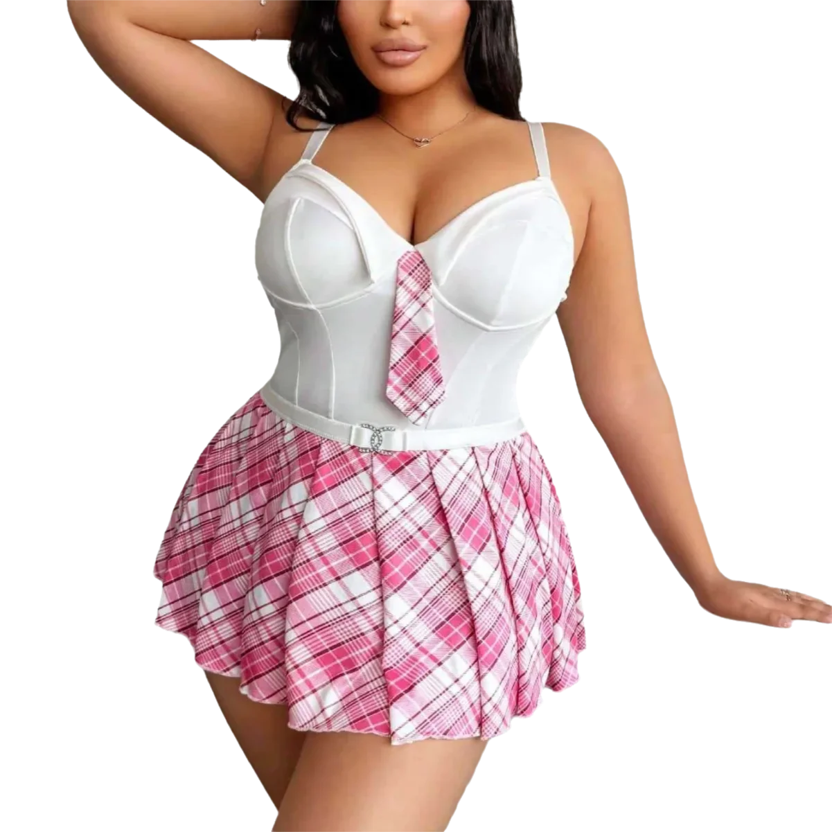 

Plus Size Sexy Student Costume Role Play Sexy Dress ‌Sexy White Corset Top With Pink Plaid Tie And Pleated Dress Sweet Charming