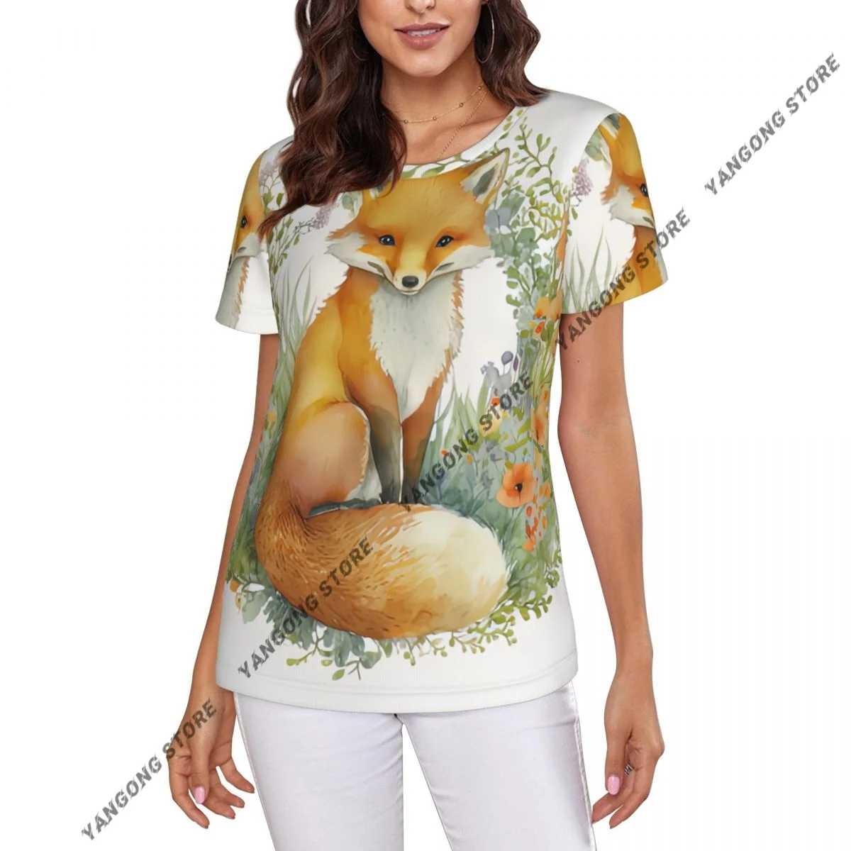 Womens Short Sleeve Watercolor Forest Cartoon Fox Animal Illustration Casual Tee Clothing Crewneck Woman T-Shirts
