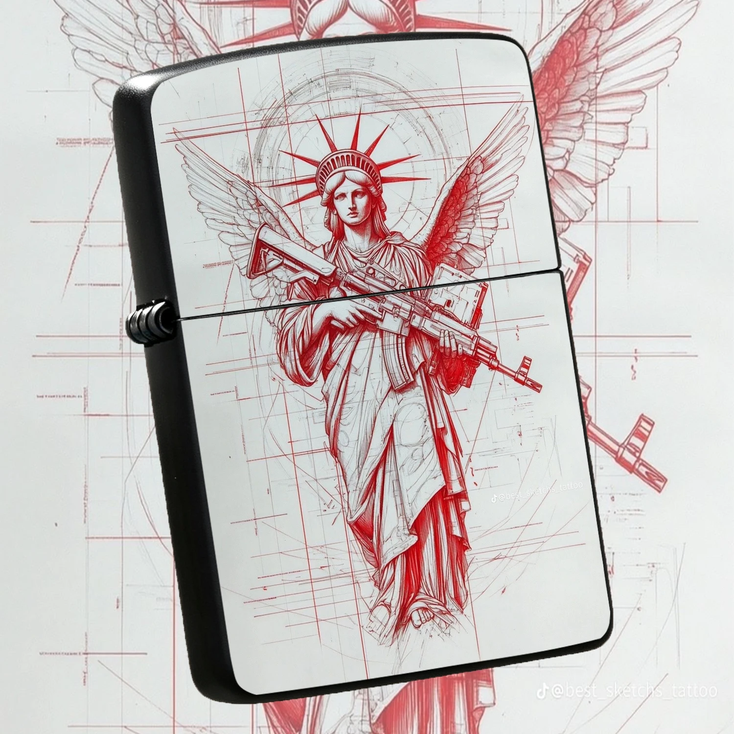 Retro Red Sketch Angel Statue of Liberty with Rifle Lighter, Cool Hard Solid Body PORTABLE Ignition Ornament, Unique Hardcore Style Collectible for Daily Use, Outdoor Lighting Gifting for Men Veterans and Hobbyists A Fun and Humorous Light