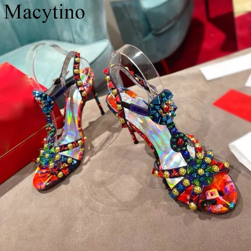 Luxury Brand Rhinestone Pointed Toe Pumps Stiletto Studs Buckle Strap Sandals Fashion Cutout Party Shoes For Women Gladiator