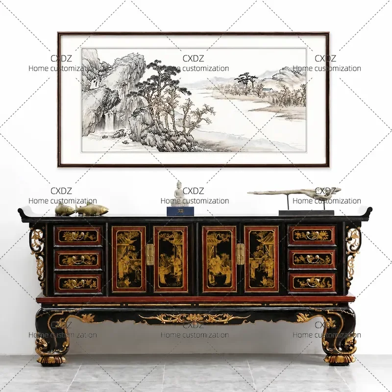 Vintage Chinese Solid Wood Console Table Ming Qing Style Retro Entryway Storage Bench Narrow Hallway Strip Table for Living